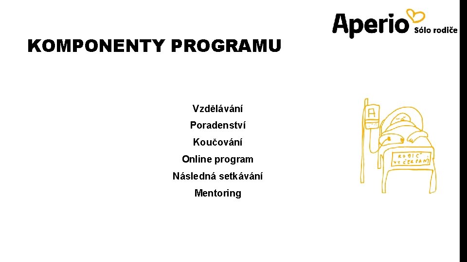 KOMPONENTY PROGRAMU Vzdělávání Poradenství Koučování Online program Následná setkávání Mentoring 