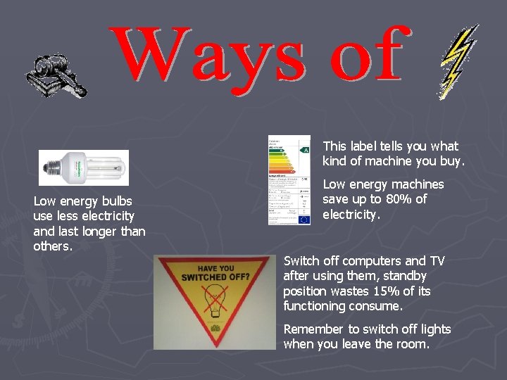 This label tells you what kind of machine you buy. Low energy bulbs use