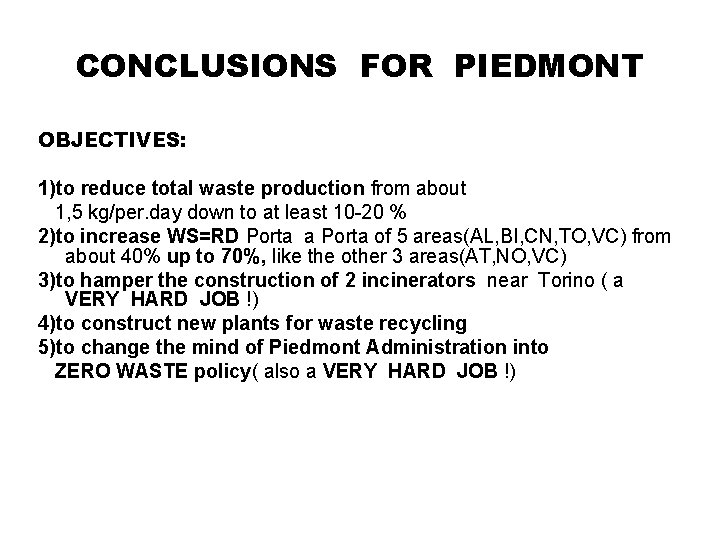 CONCLUSIONS FOR PIEDMONT OBJECTIVES: 1)to reduce total waste production from about 1, 5 kg/per.