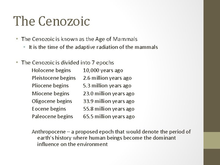The Cenozoic • The Cenozoic is known as the Age of Mammals • It