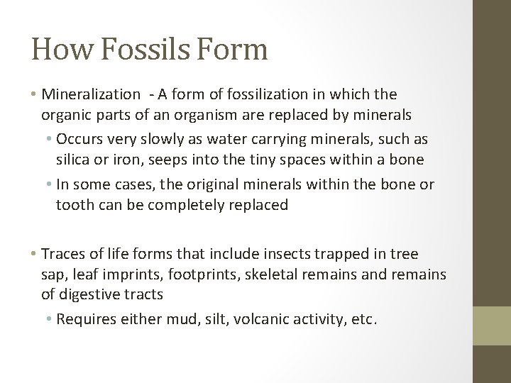 How Fossils Form • Mineralization - A form of fossilization in which the organic