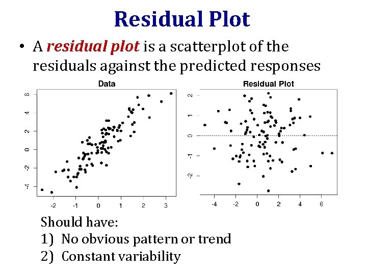 Residual Plot • A residual plot is a scatterplot of the residuals against the