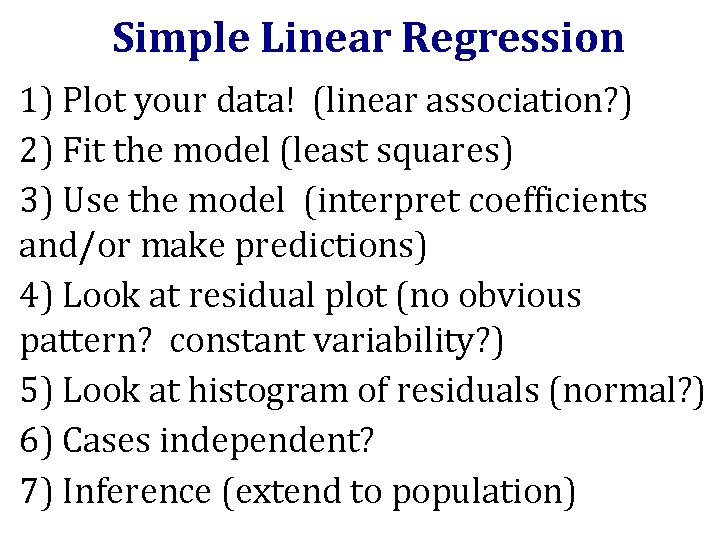 Simple Linear Regression 1) Plot your data! (linear association? ) 2) Fit the model