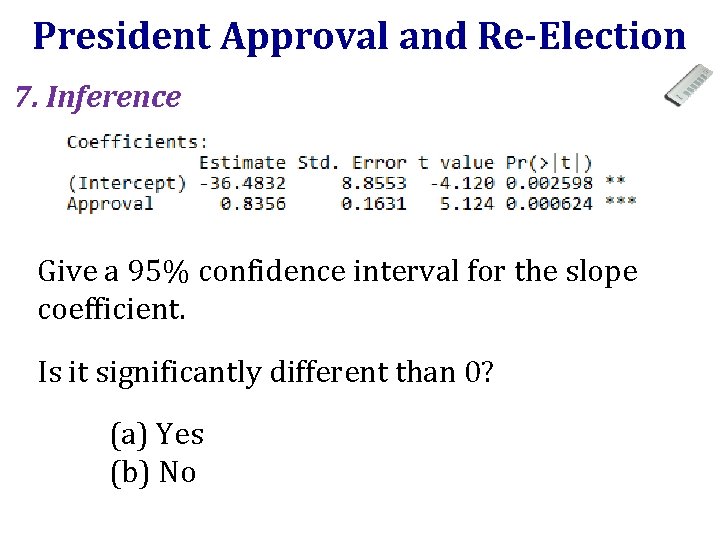 President Approval and Re-Election 7. Inference Give a 95% confidence interval for the slope