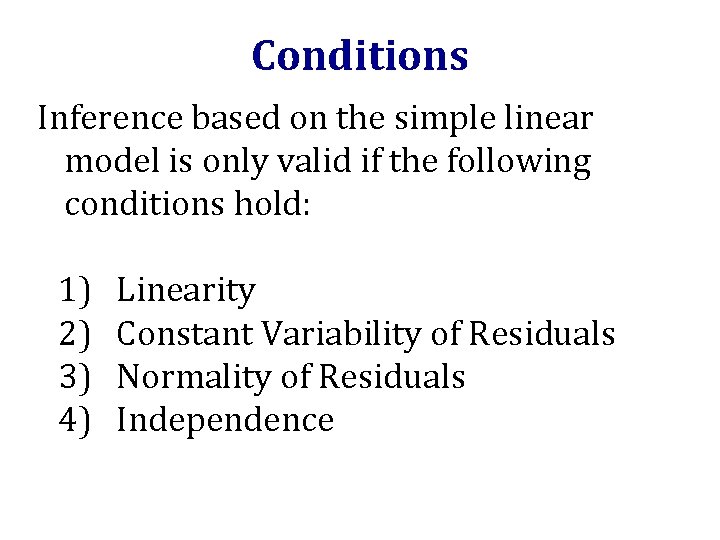 Conditions Inference based on the simple linear model is only valid if the following