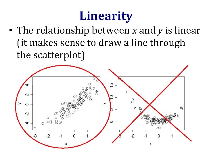 Linearity • The relationship between x and y is linear (it makes sense to