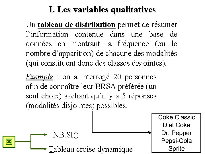 I. Les variables qualitatives Un tableau de distribution permet de résumer l’information contenue dans