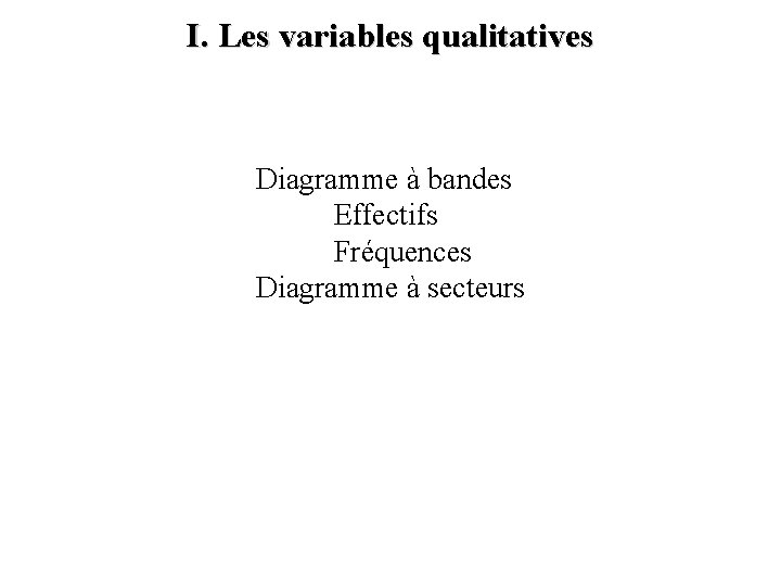 I. Les variables qualitatives Diagramme à bandes Effectifs Fréquences Diagramme à secteurs 