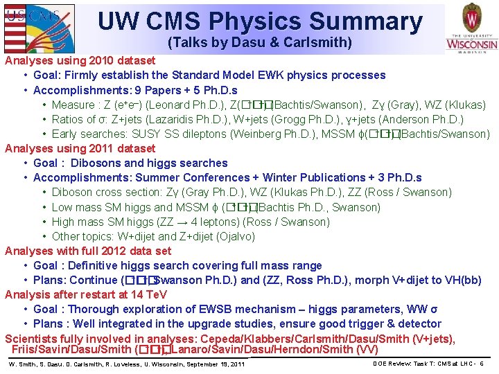 UW CMS Physics Summary (Talks by Dasu & Carlsmith) Analyses using 2010 dataset •