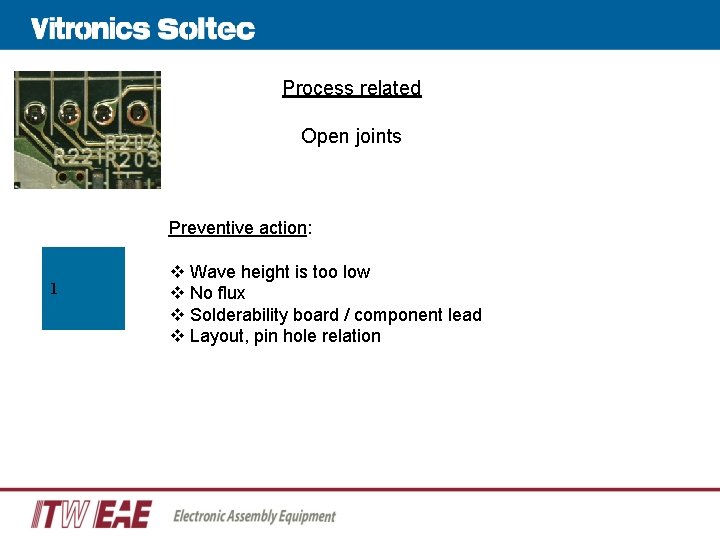 Process related Open joints Preventive action: 1 v Wave height is too low v