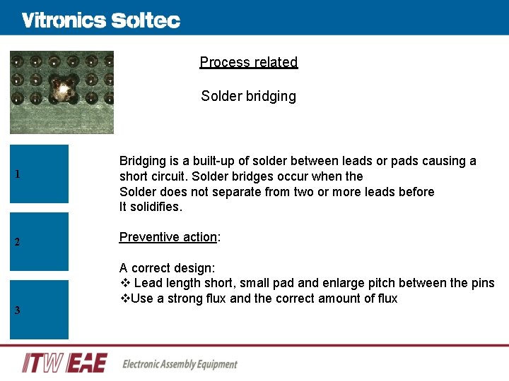 Process related Solder bridging 1 2 3 Bridging is a built-up of solder between