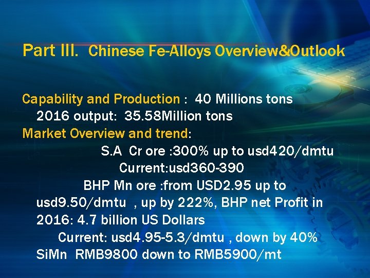 Part III. Chinese Fe-Alloys Overview&Outlook Capability and Production : 40 Millions tons 2016 output: