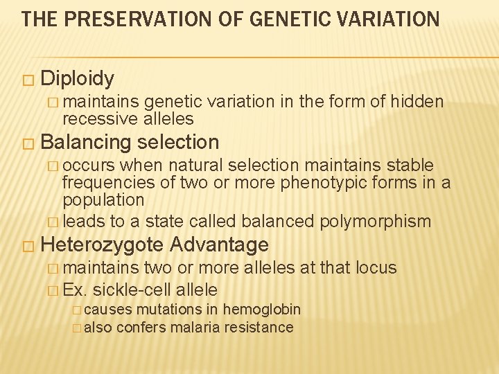 THE PRESERVATION OF GENETIC VARIATION � Diploidy � maintains genetic variation in the form