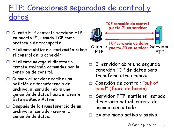 FTP: Conexiones separadas de control y datos Cliente FTP contacta servidor FTP en puerto