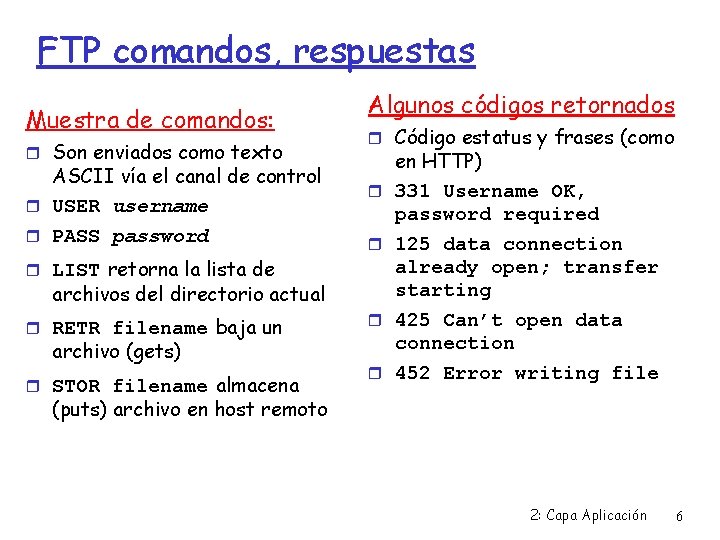 FTP comandos, respuestas Muestra de comandos: Son enviados como texto ASCII vía el canal