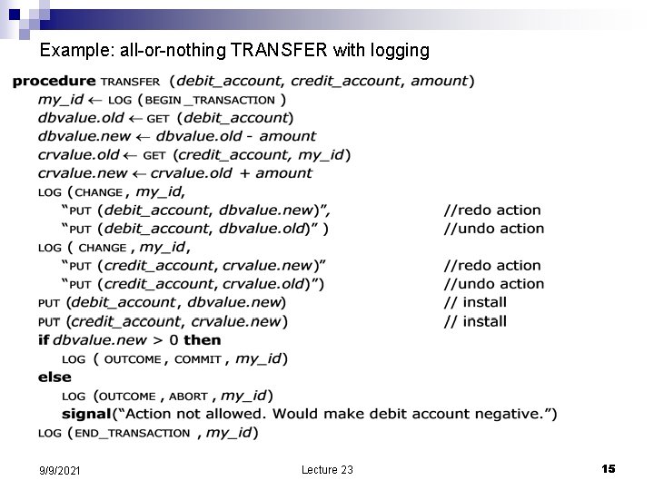 Example: all-or-nothing TRANSFER with logging 9/9/2021 Lecture 23 15 