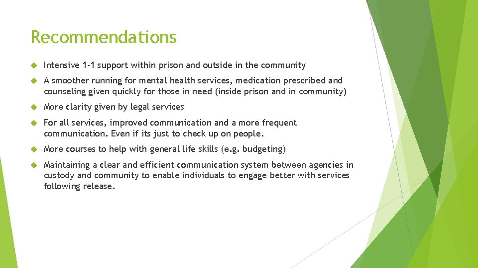 Recommendations Intensive 1 -1 support within prison and outside in the community A smoother