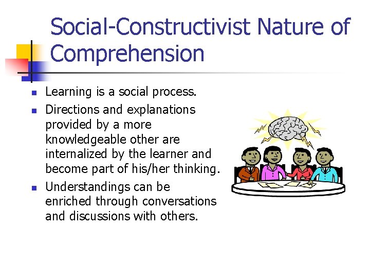 Social-Constructivist Nature of Comprehension n Learning is a social process. Directions and explanations provided