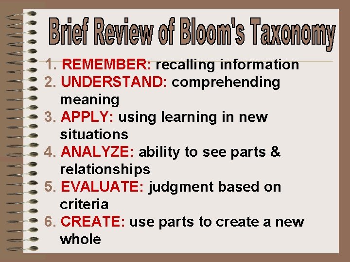 1. REMEMBER: recalling information 2. UNDERSTAND: comprehending meaning 3. APPLY: using learning in new