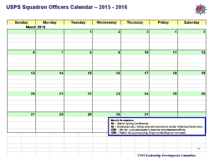 USPS Squadron Officers Calendar – 2015 - 2016 17 USPS Leadership Development Committee 