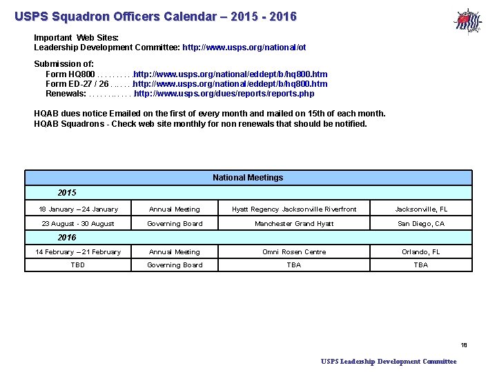 USPS Squadron Officers Calendar – 2015 - 2016 Important Web Sites: Leadership Development Committee:
