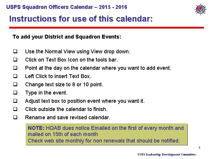 USPS Squadron Officers Calendar – 2015 - 2016 Instructions for use of this calendar: