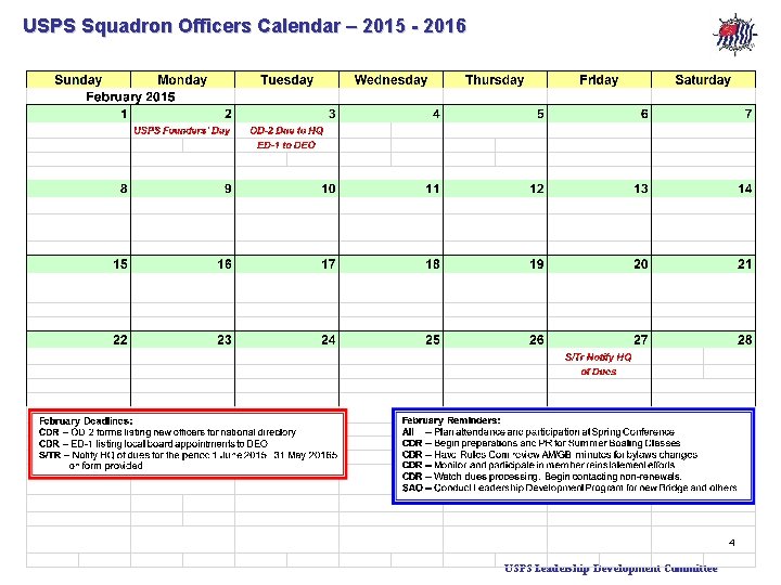 USPS Squadron Officers Calendar – 2015 - 2016 4 USPS Leadership Development Committee 