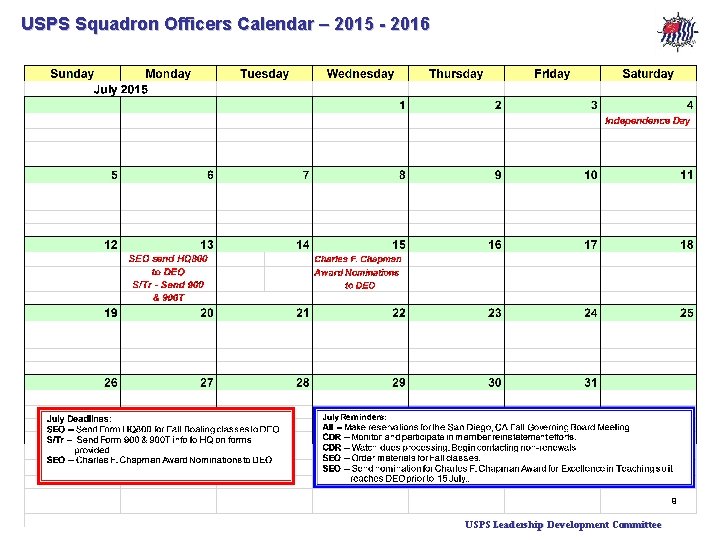 USPS Squadron Officers Calendar – 2015 - 2016 9 USPS Leadership Development Committee 