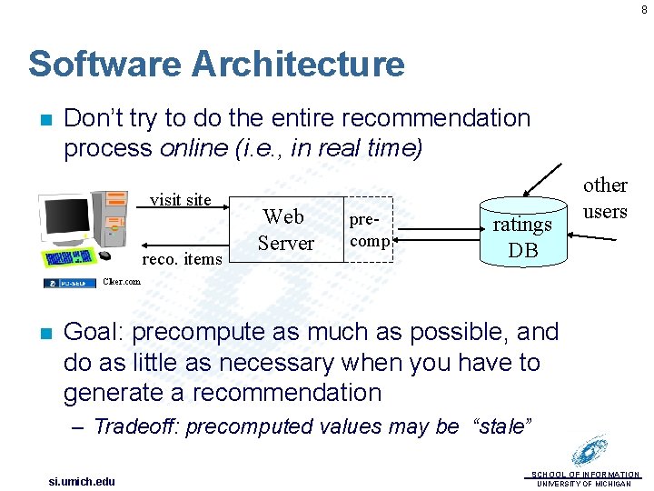 8 Software Architecture n Don’t try to do the entire recommendation process online (i.