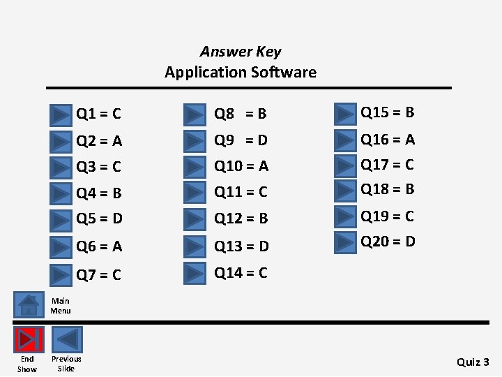 Answer Key Application Software Q 1 = C Q 8 = B Q 15