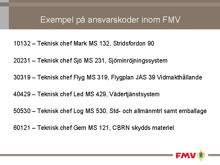 Exempel på ansvarskoder inom FMV 10132 – Teknisk chef Mark MS 132, Stridsfordon 90