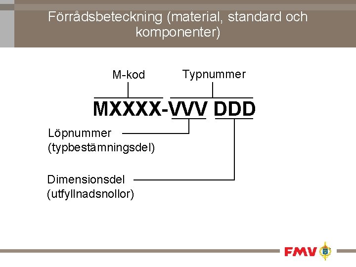 Förrådsbeteckning (material, standard och komponenter) M-kod Typnummer MXXXX-VVV DDD Löpnummer (typbestämningsdel) Dimensionsdel (utfyllnadsnollor) 