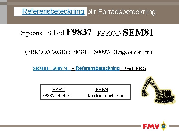 Referensbeteckning blir Förrådsbeteckning Engcons FS-kod F 9837 FBKOD SEM 81 (FBKOD/CAGE) SEM 81 +