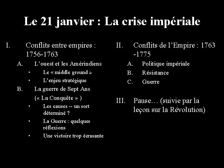Le 21 janvier : La crise impériale I. Conflits entre empires : 1756 -1763