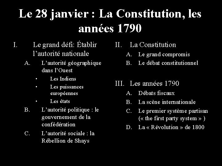 Le 28 janvier : La Constitution, les années 1790 I. Le grand défi: Établir