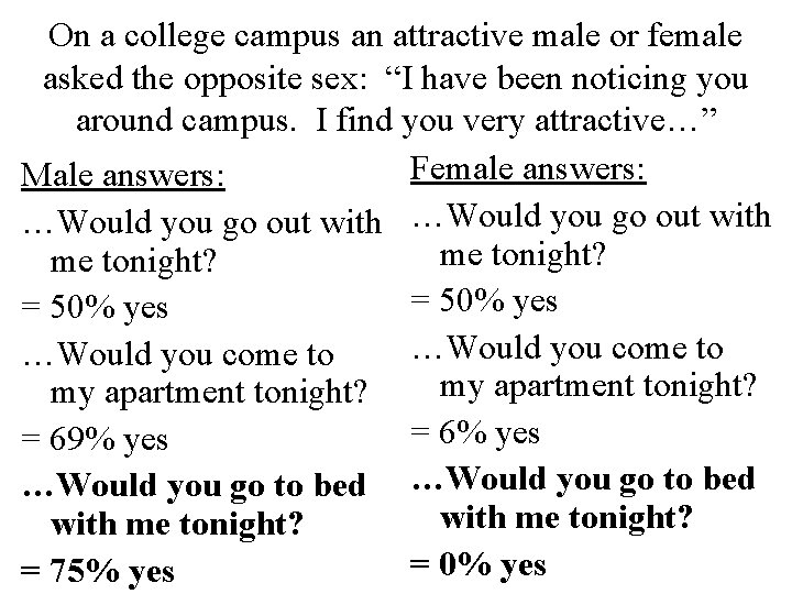 On a college campus an attractive male or female asked the opposite sex: “I