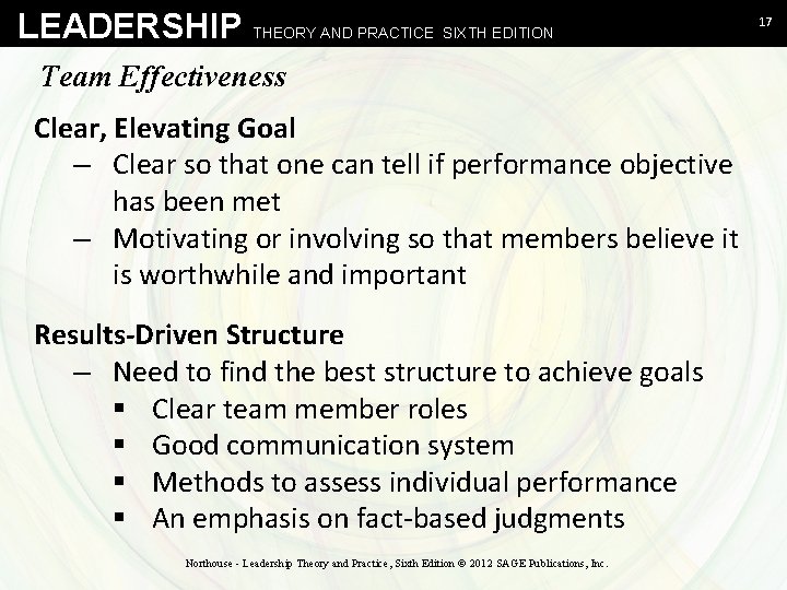 LEADERSHIP THEORY AND PRACTICE SIXTH EDITION Team Effectiveness Clear, Elevating Goal – Clear so