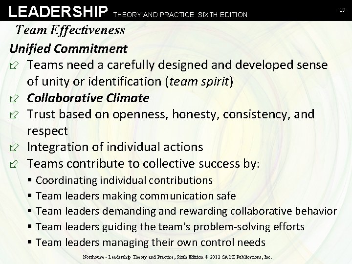 LEADERSHIP THEORY AND PRACTICE SIXTH EDITION Team Effectiveness Unified Commitment ÷ Teams need a