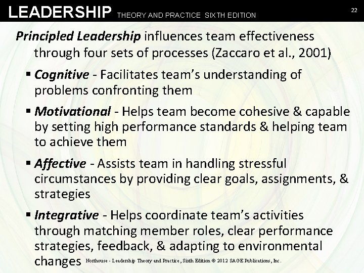 LEADERSHIP THEORY AND PRACTICE SIXTH EDITION Principled Leadership influences team effectiveness through four sets