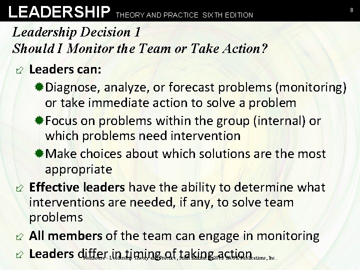 LEADERSHIP THEORY AND PRACTICE SIXTH EDITION Leadership Decision 1 Should I Monitor the Team