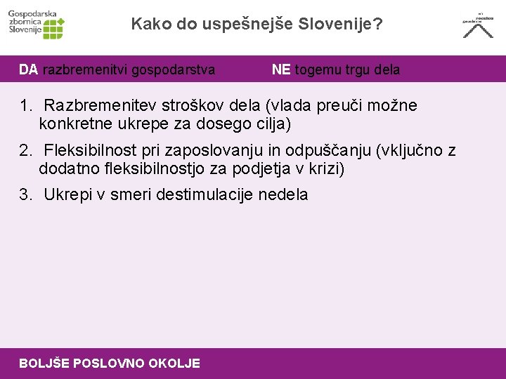 Kako do uspešnejše Slovenije? DA razbremenitvi gospodarstva NE togemu trgu dela 1. Razbremenitev stroškov