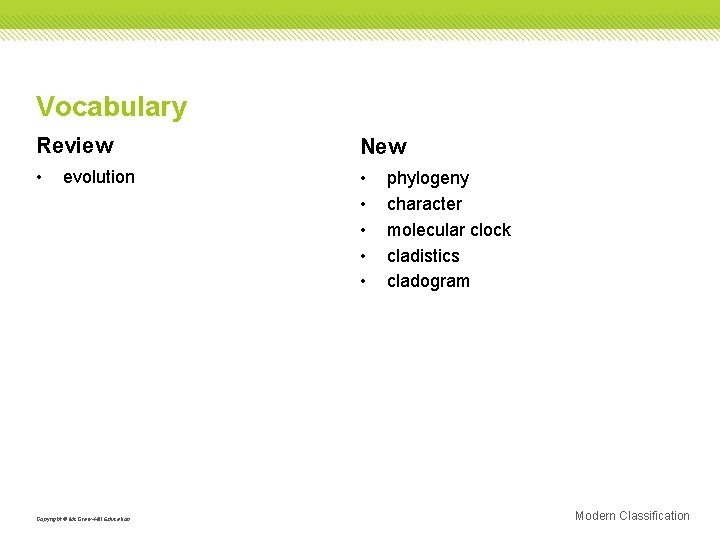 Vocabulary Review New • • • evolution Copyright © Mc. Graw-Hill Education phylogeny character