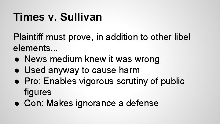 Times v. Sullivan Plaintiff must prove, in addition to other libel elements. . .