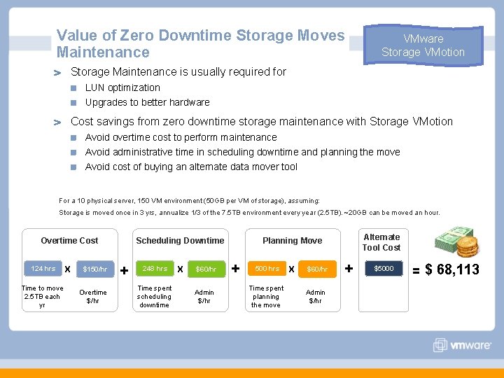 Value of Zero Downtime Storage Moves Maintenance VMware Storage VMotion Storage Maintenance is usually