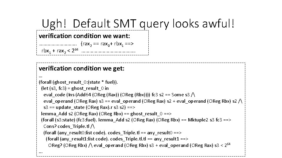 Ugh! Default SMT query looks awful! verification condition we want: ……………. (rax 2 ==