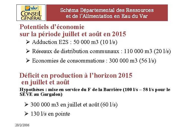 Schéma Départemental des Ressources et de l’Alimentation en Eau du Var Potentiels d’économie sur