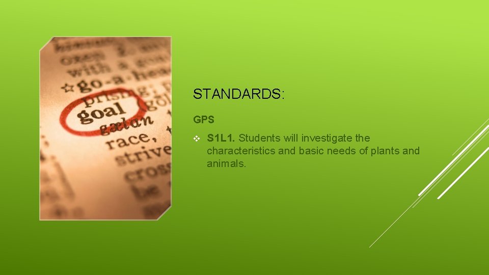 STANDARDS: GPS v S 1 L 1. Students will investigate the characteristics and basic
