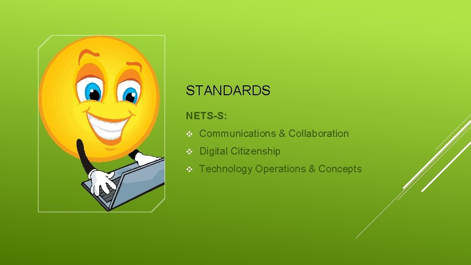 STANDARDS NETS-S: v Communications & Collaboration v Digital Citizenship v Technology Operations & Concepts