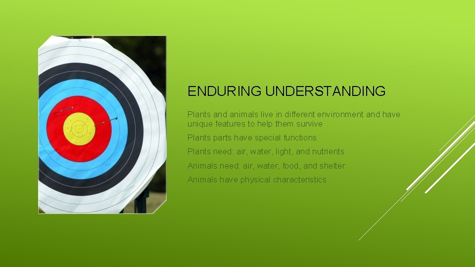 ENDURING UNDERSTANDING Plants and animals live in different environment and have unique features to