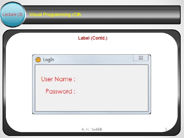 Lecture (3) Visual Programming (C#) Label (Contd. ) A. H. Seddik 5 